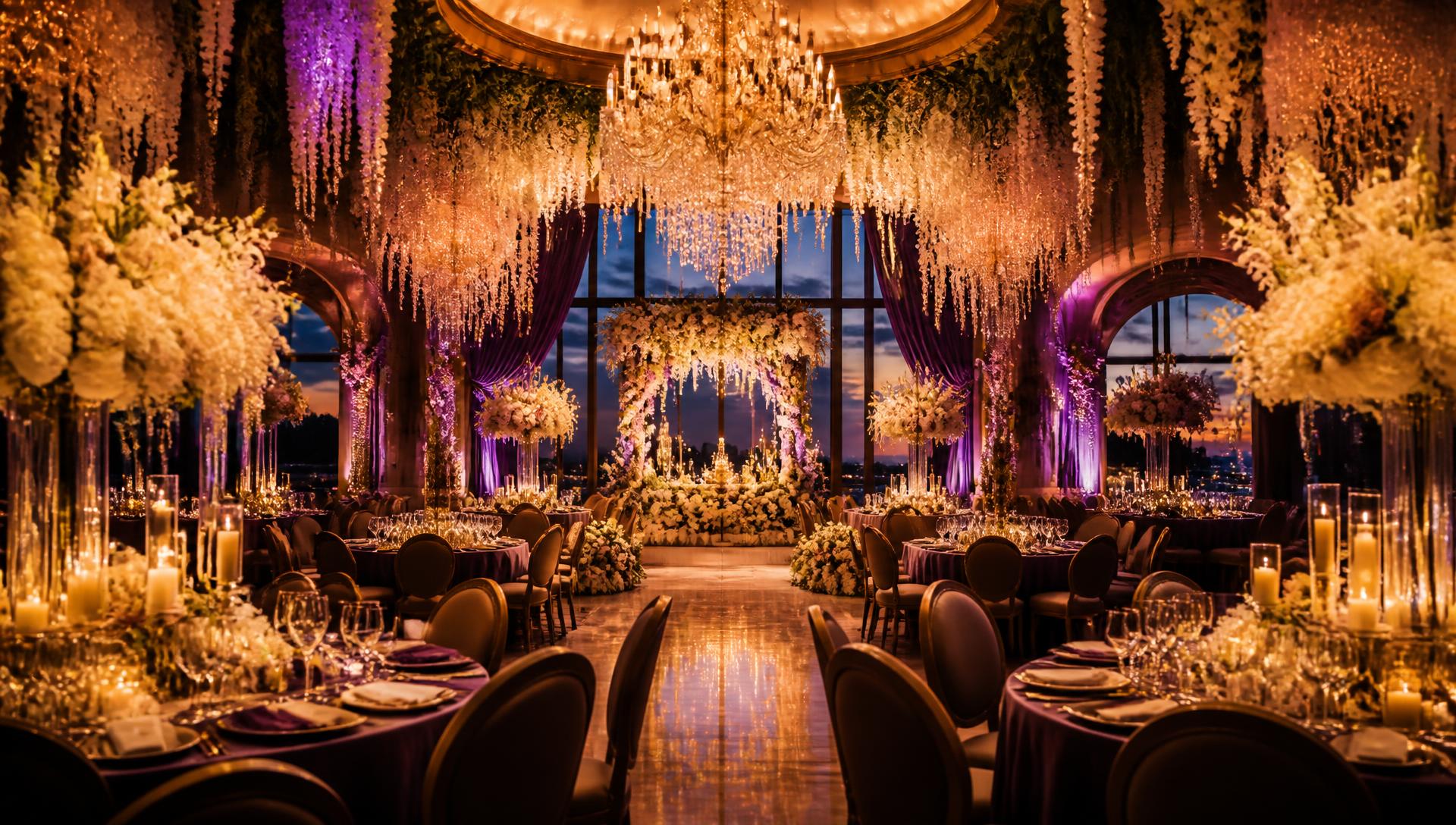 Elegant banquet hall with golden lighting and premium floral arrangements